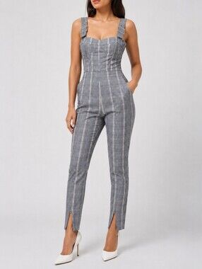NWT WeWoreWhat Corset Overalls Plaid Jumpsuit Buckle Strap Stretch Gray M